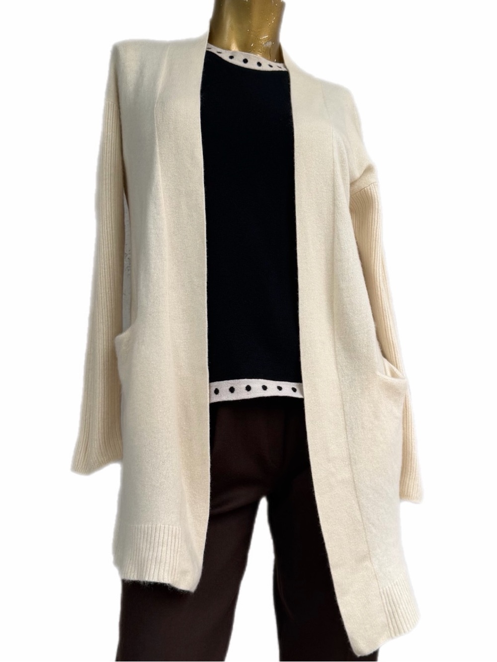 Theory 100% Cashmere Rib Sleeve Longline open front Cardigan Cream M